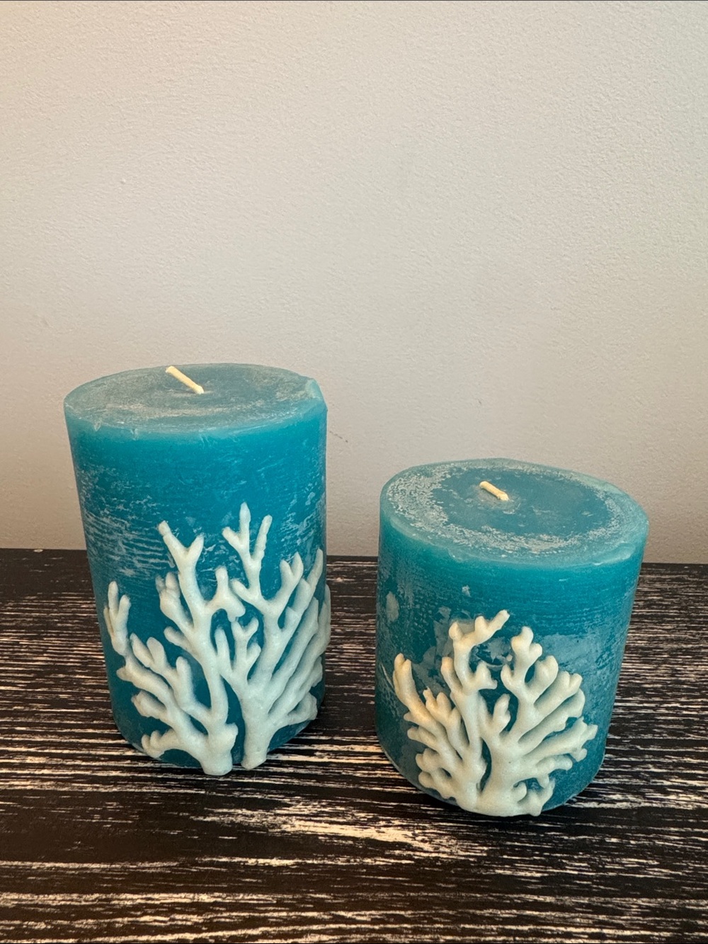 Aquamarine sea corral candle set.